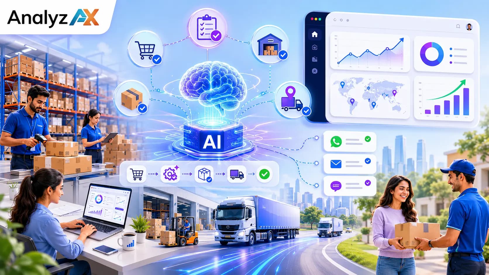 Modern AI-powered retail fulfillment illustration featuring the AnalyzAX logo in the top-left corner. A bright warehouse environment shows employees managing inventory, processing orders, and monitoring analytics dashboards. At the center, a glowing AI brain connects order management, inventory tracking, warehouse operations, delivery logistics, and customer communications through visual workflow lines. Delivery trucks transport packages efficiently while customers receive orders. The scene uses light blue, soft purple, and white tones with clean SaaS-style design, highlighting automation, operational efficiency, business growth, and streamlined order fulfillment.